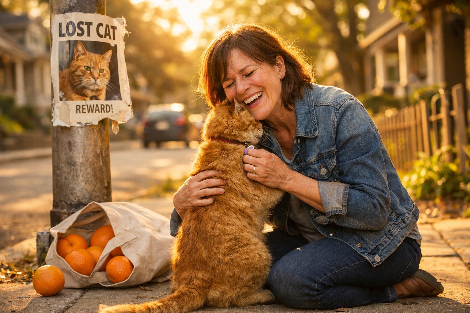 Mulher emocionada reencontra gato perdido ao pôr do sol na rua, junto a cartaz do felino desaparecido.