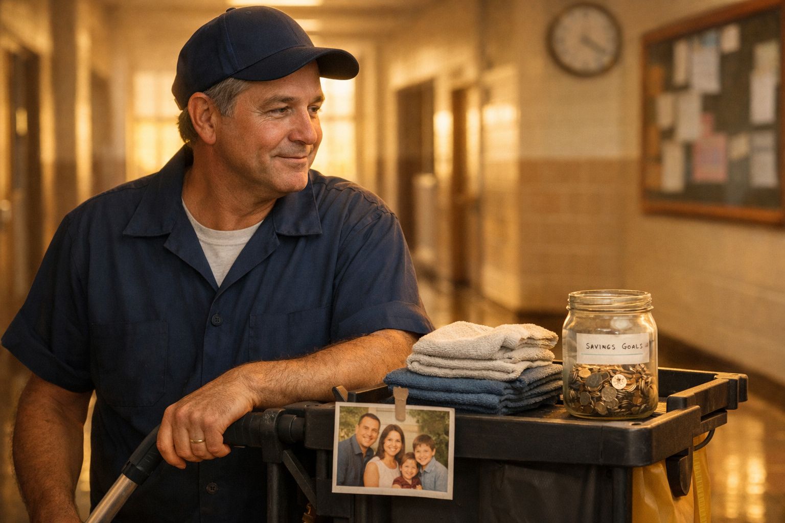 Homem vestido com uniforme azul sorri ao lado de um carrinho com toalhas, moedas num frasco e foto de família.
