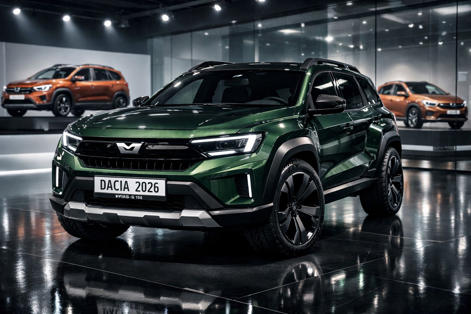 Carro SUV verde Dacia 2026 em exposição com reflexos no chão e outro carro laranja ao fundo em espelho.