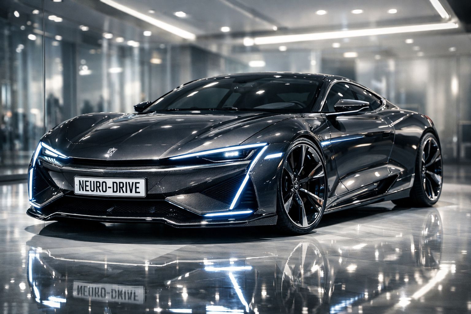 Carro desportivo elétrico cinza metálico com luzes LED futuristas numa garagem moderna e brilhante.