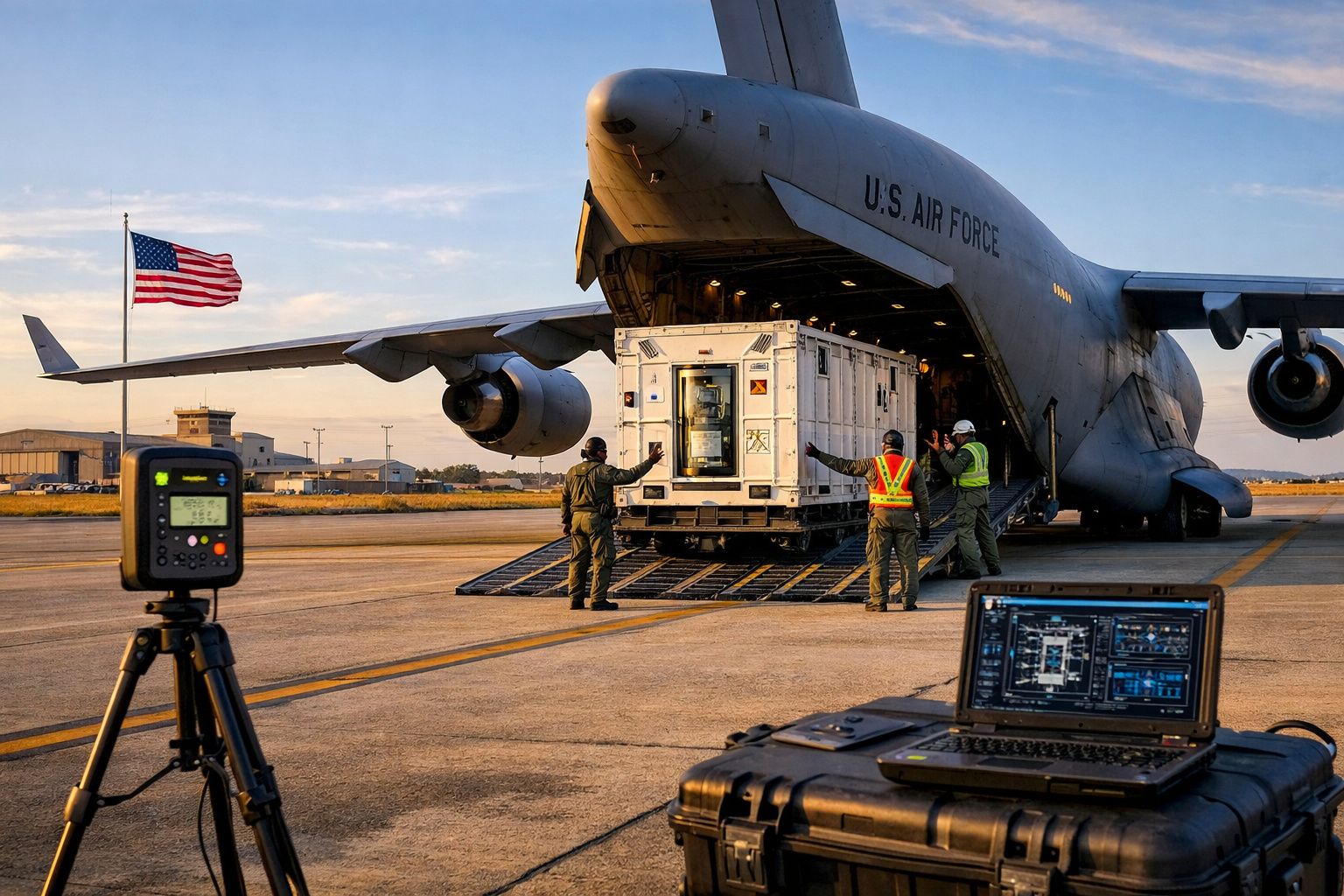Controle de carga militar a ser descarregada de avião C-5 da Força Aérea dos EUA ao pôr do sol.