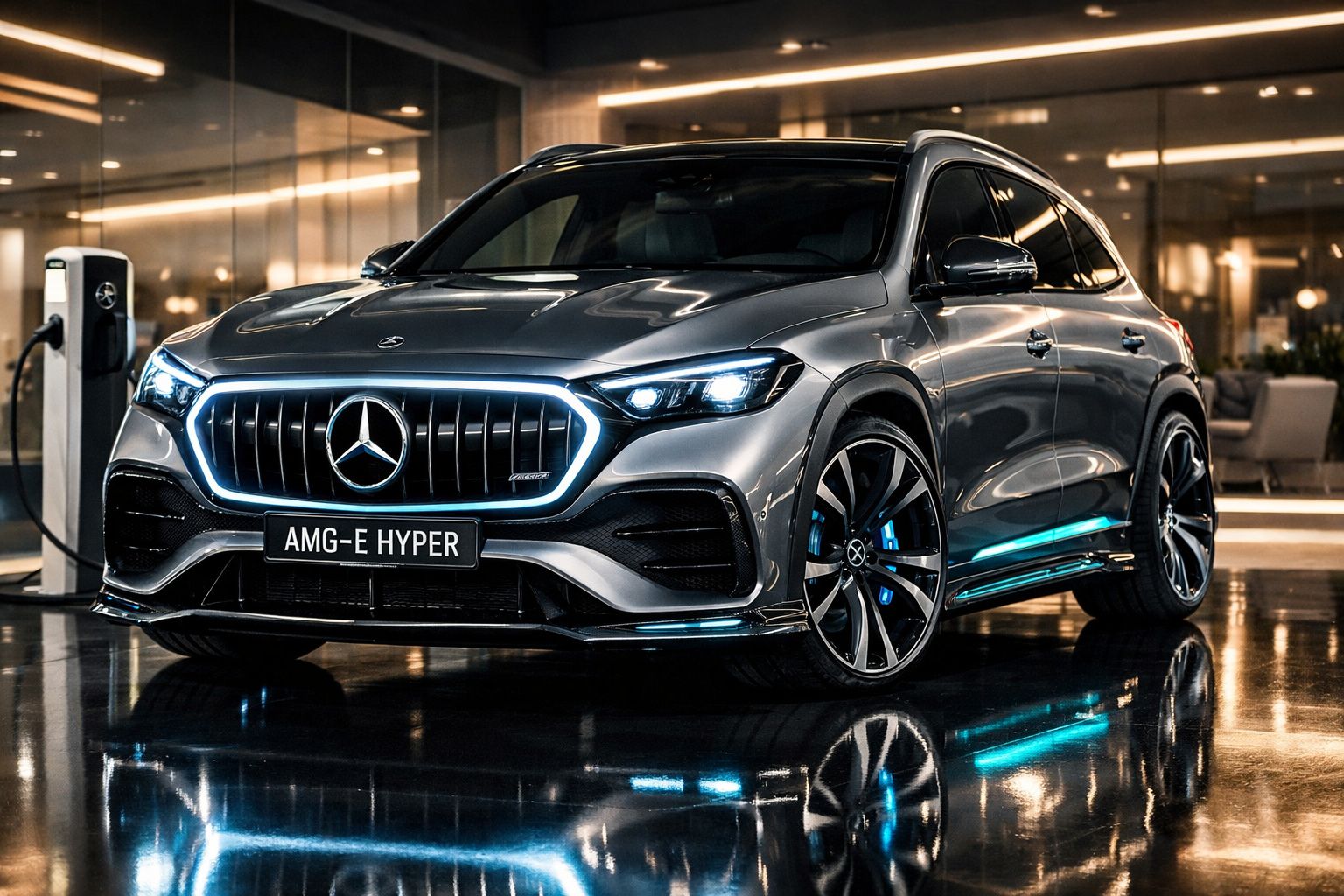 Carro elétrico Mercedes AMG-E Hyper cinzento estacionado, com luzes LED azuis e carregador elétrico ao lado.