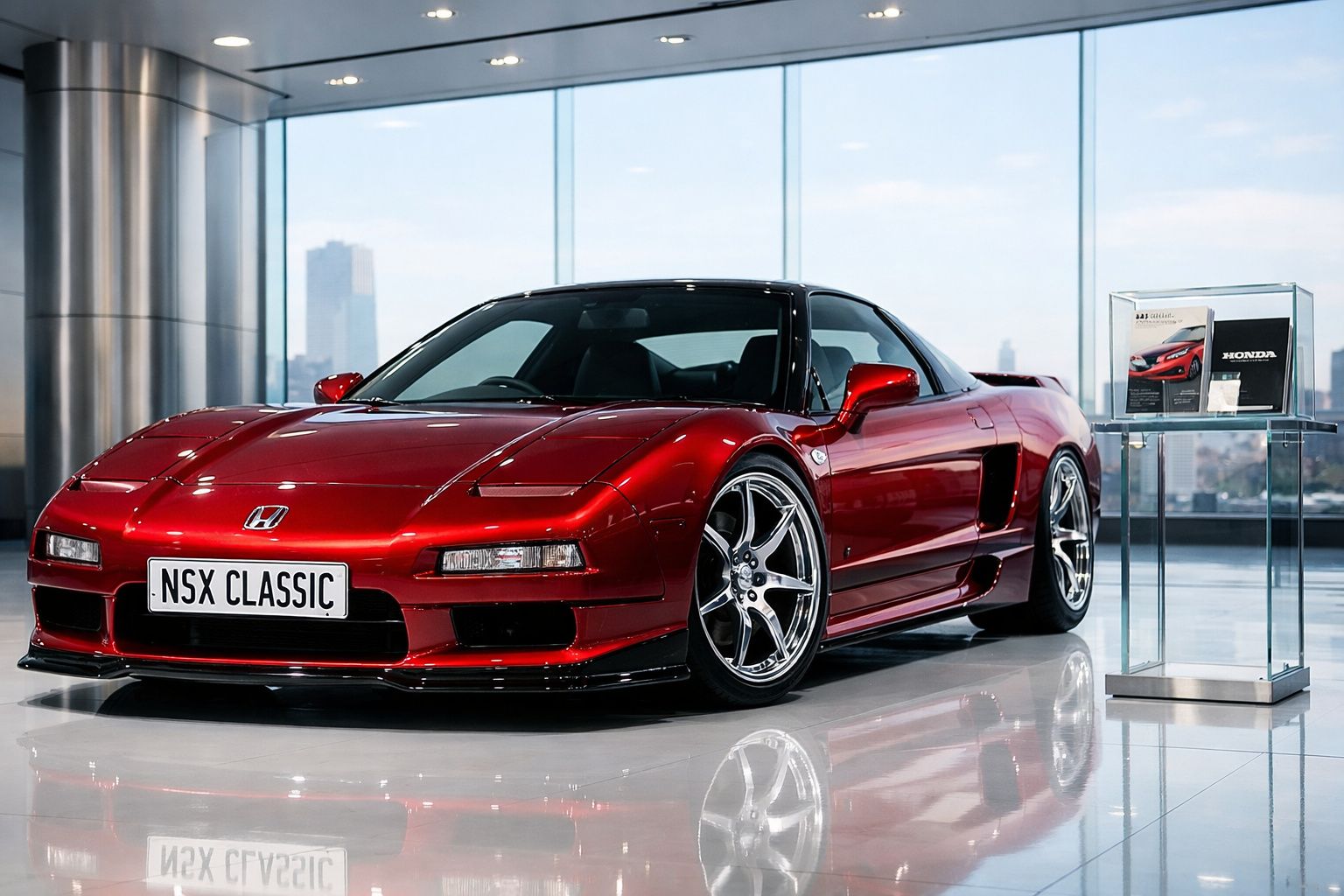 Carro desportivo vermelho Honda NSX Classic exposto em salão moderno com janelas panorâmicas.