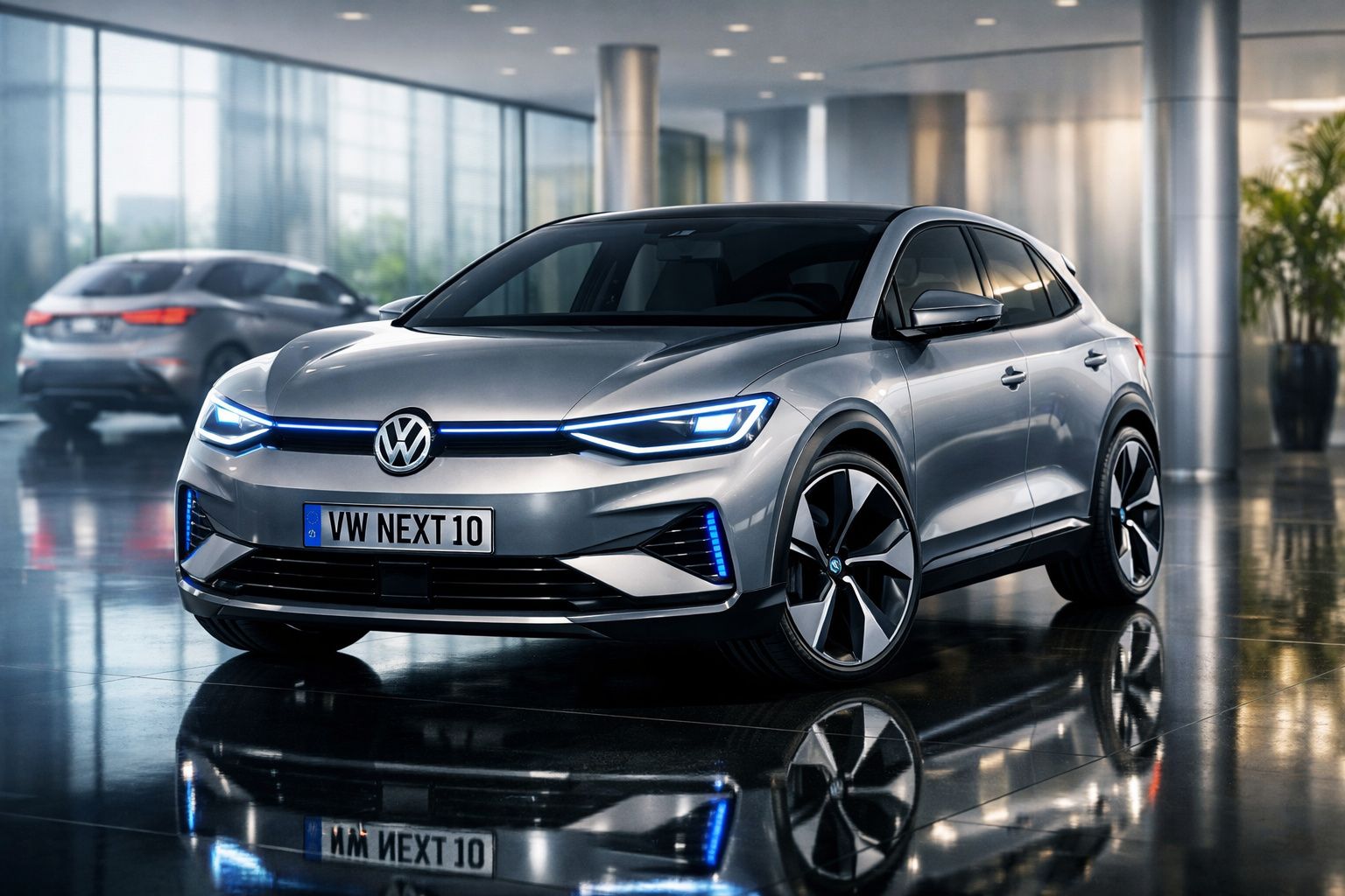 Carro elétrico Volkswagen cinzento num salão brilhante com reflexos no chão espelhado.