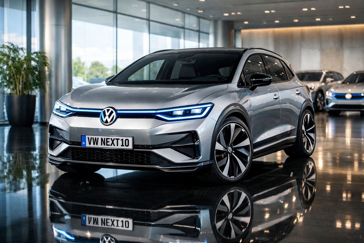 Carro elétrico Volkswagen cinza prata com faróis LED e rodas desportivas em exposição interior moderna