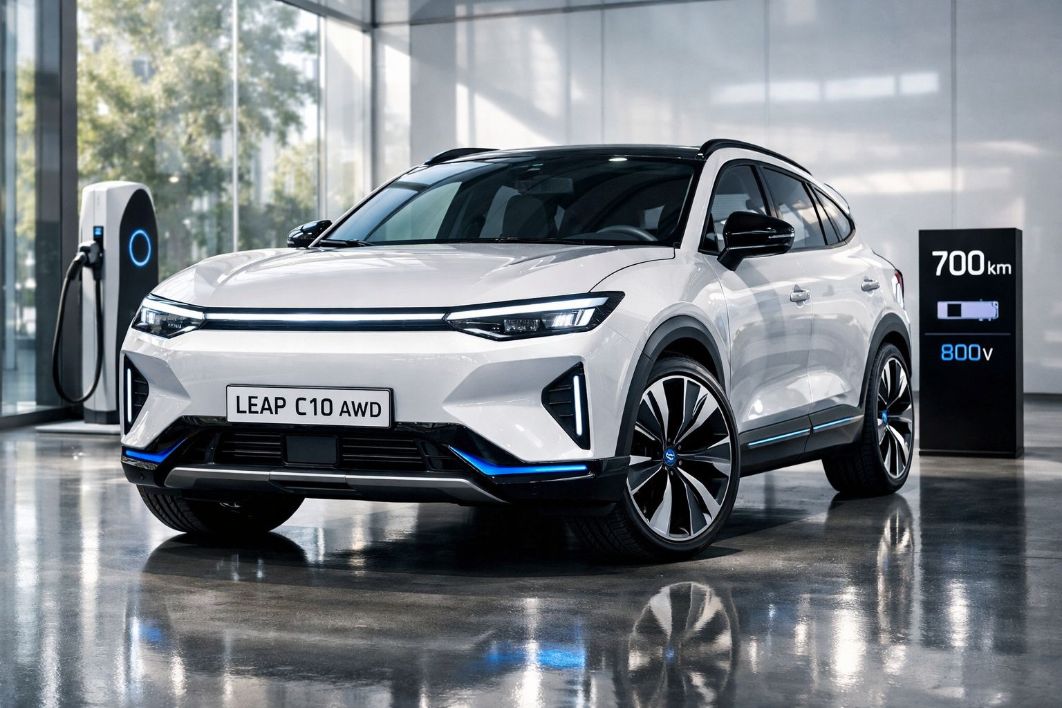 Carro elétrico branco LEAP C10 AWD numa estação de carregamento com indicação de autonomia de 700 km.