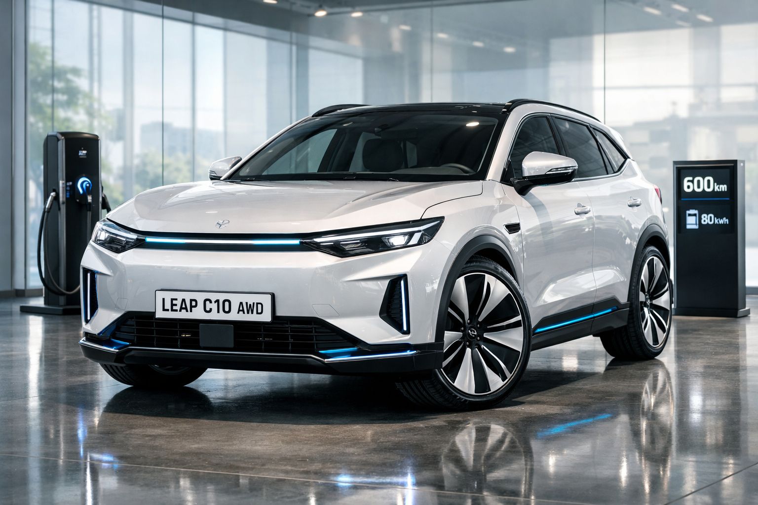 SUV elétrico branco LEAP C10 AWD estacionado em interior com posto de carregamento e indicação de 600 km e 80 kWh.