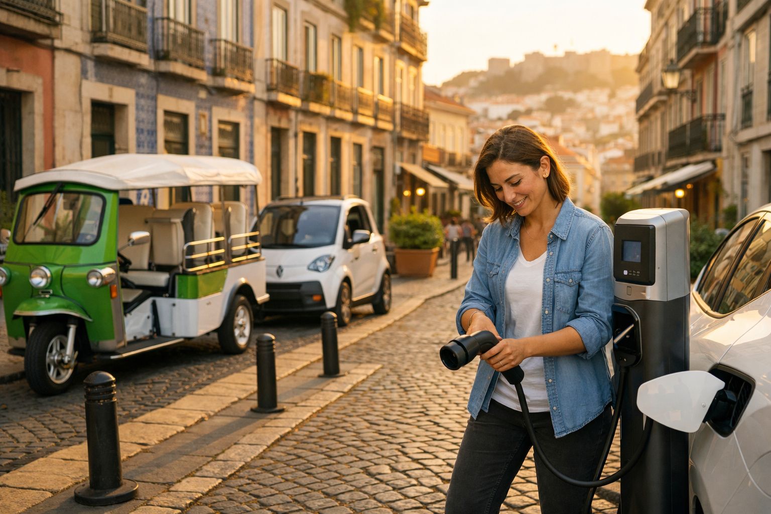 Mulher a carregar um carro elétrico numa rua de pedras com veículos e edifícios ao fundo.