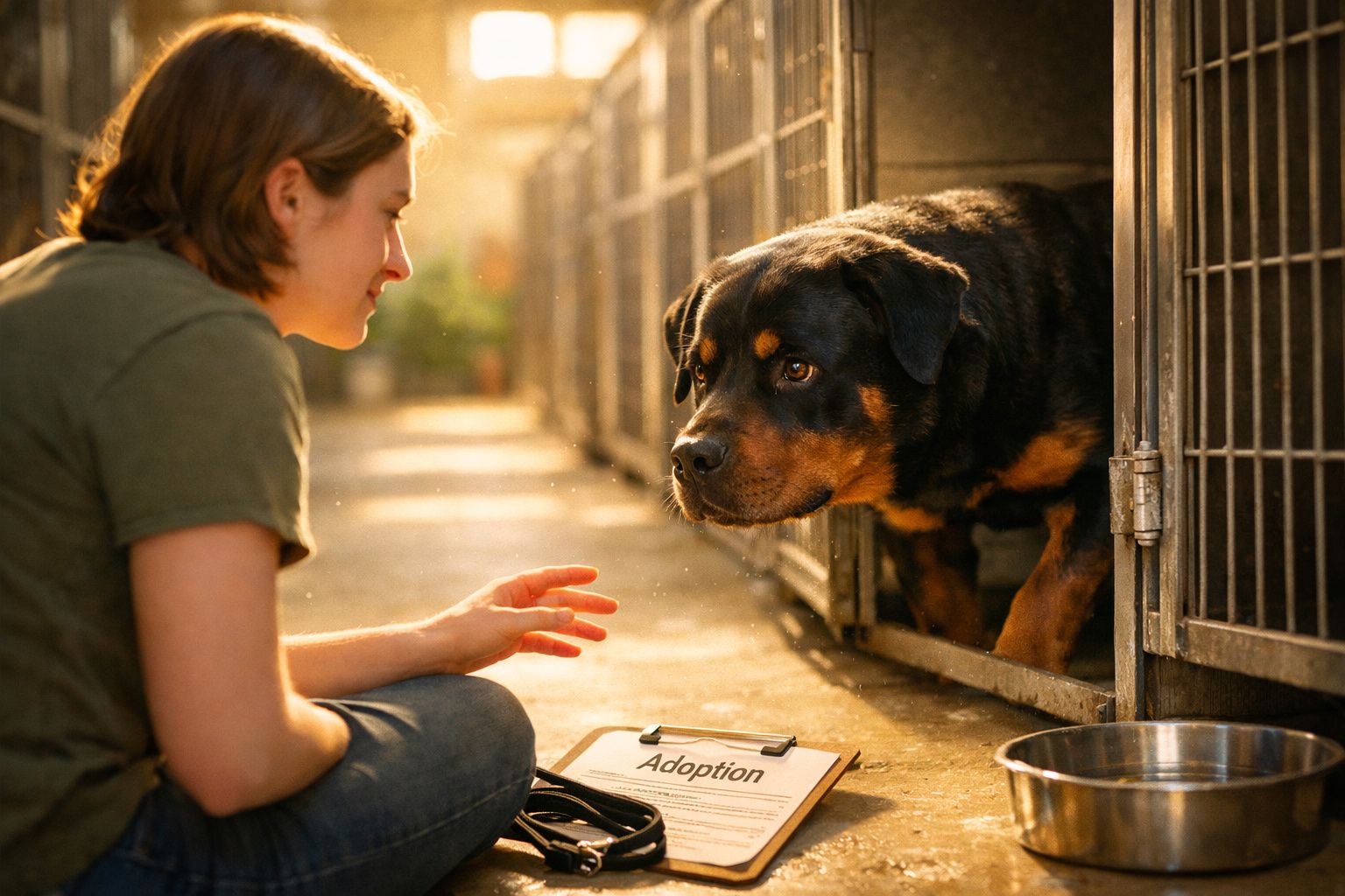Mulher interage com um cão rottweiler num abrigo, com ficha de adoção visível no chão entre eles.