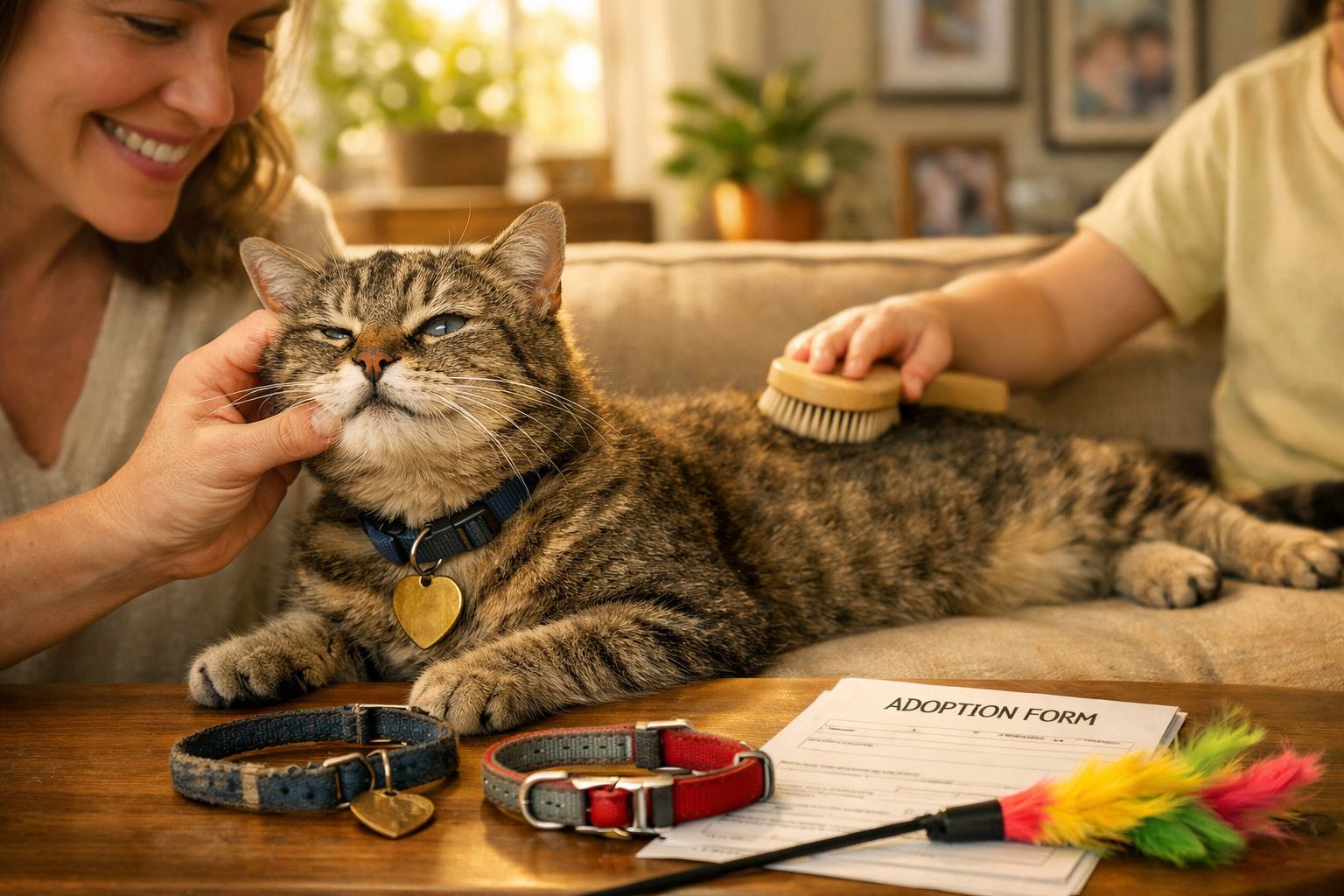Gato malhado a receber carinho e escovagem no sofá, com formulário de adoção e coleiras numa mesa à frente.