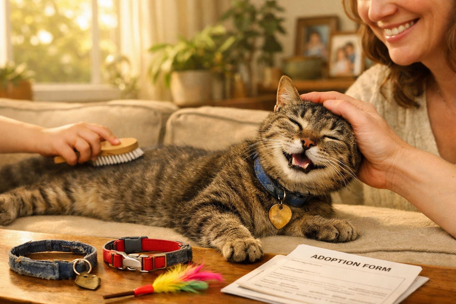 Gato malhado a ser escovado e acarinhado por duas pessoas, com formulário de adoção na mesa.