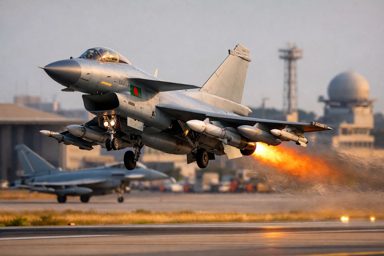 Avião militar a jato descolando com lança-chamas ativo numa base aérea ao entardecer.