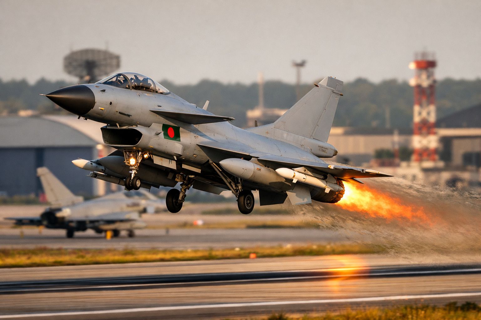 Avião de caça militar com bandeira do Bangladesh a levantar voo com chamas saindo do motor durante o pôr do sol.