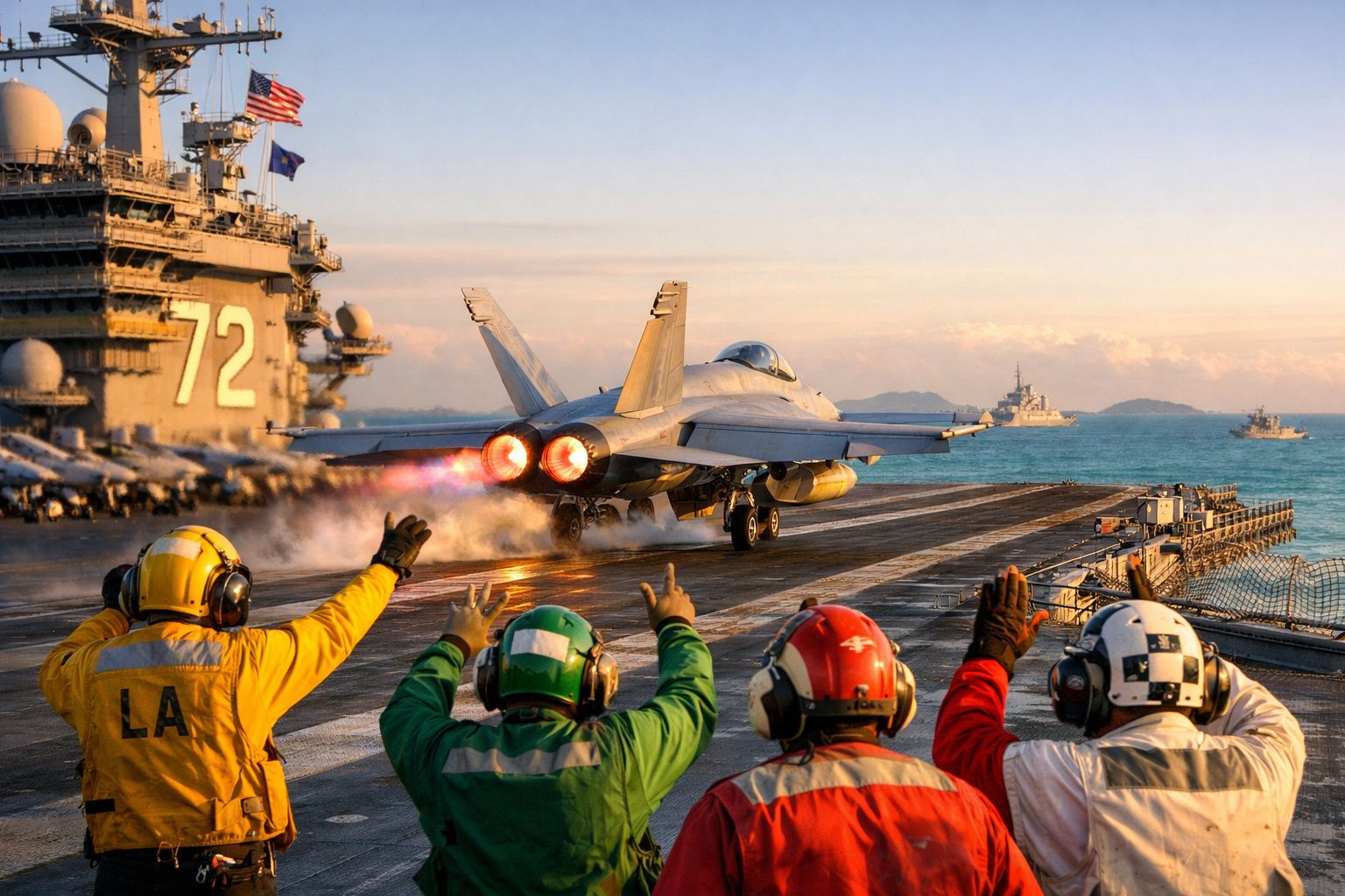 Caças F-18 a descolar de porta-aviões com tripulação a sinalizar no convés durante o pôr do sol.