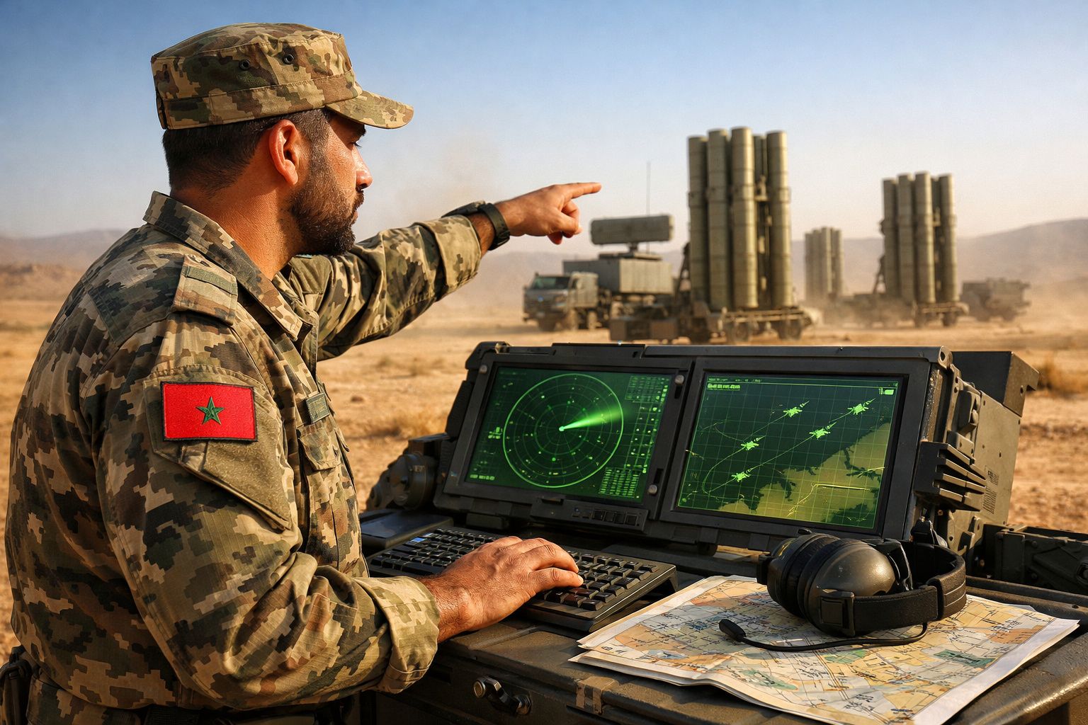 Militar marroquino em uniforme camuflado opera radar e aponta para sistema de mísseis no deserto.