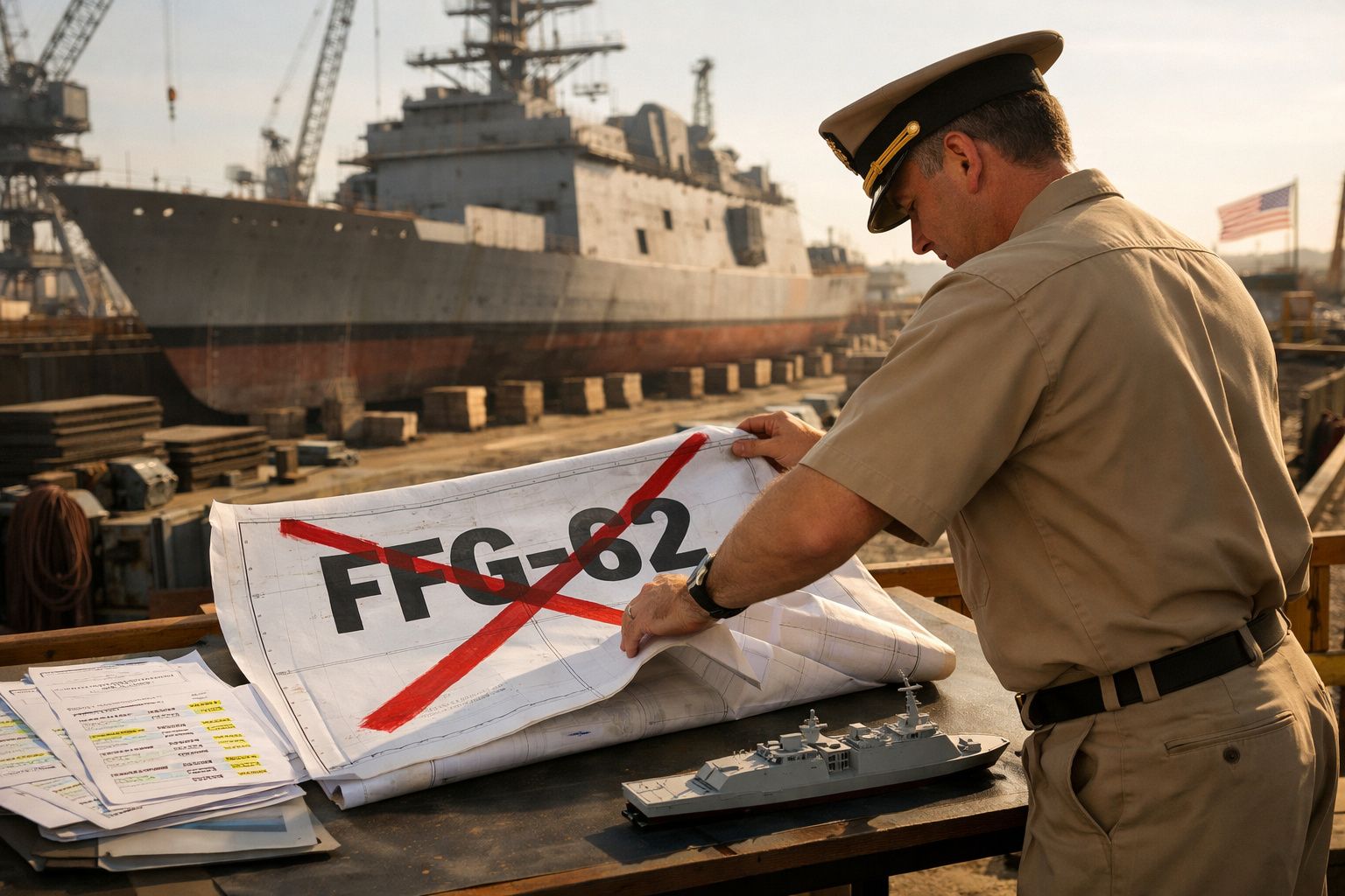 Oficial naval examina planos com navio militar e modelo em doca seca com bandeira americana ao fundo.
