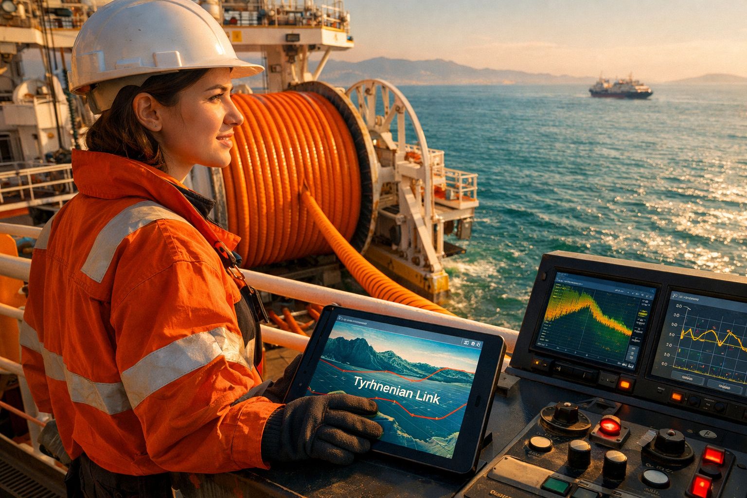 Mulher com equipamento de segurança a operar equipamentos numa embarcação perto do mar ao pôr do sol.