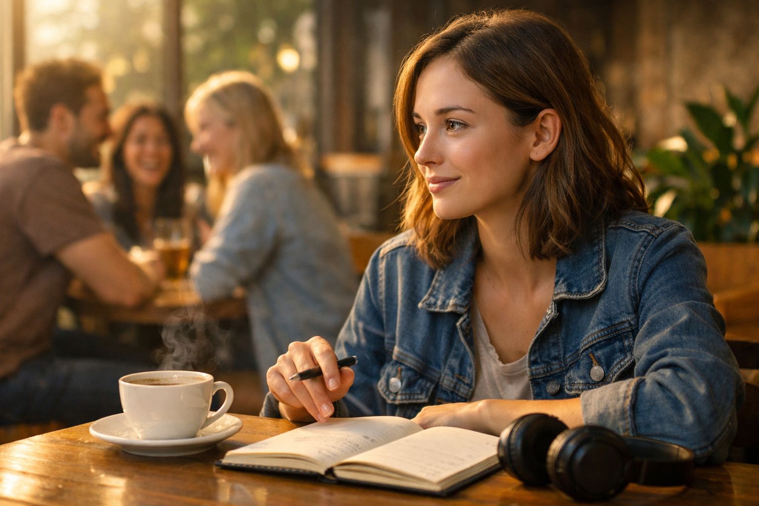 Mulher sentada num café a ler e escrever num caderno com uma chávena de café quente à sua frente.