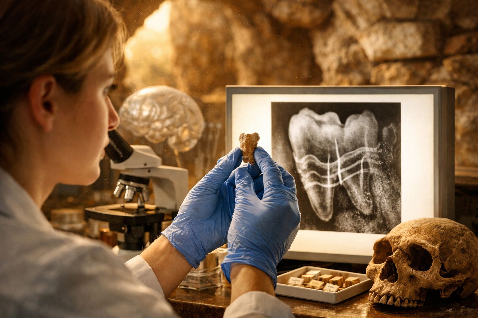Cientista com luvas azuis analisa dente fóssil, com crânio e imagem de raio-x de dentes ao fundo.