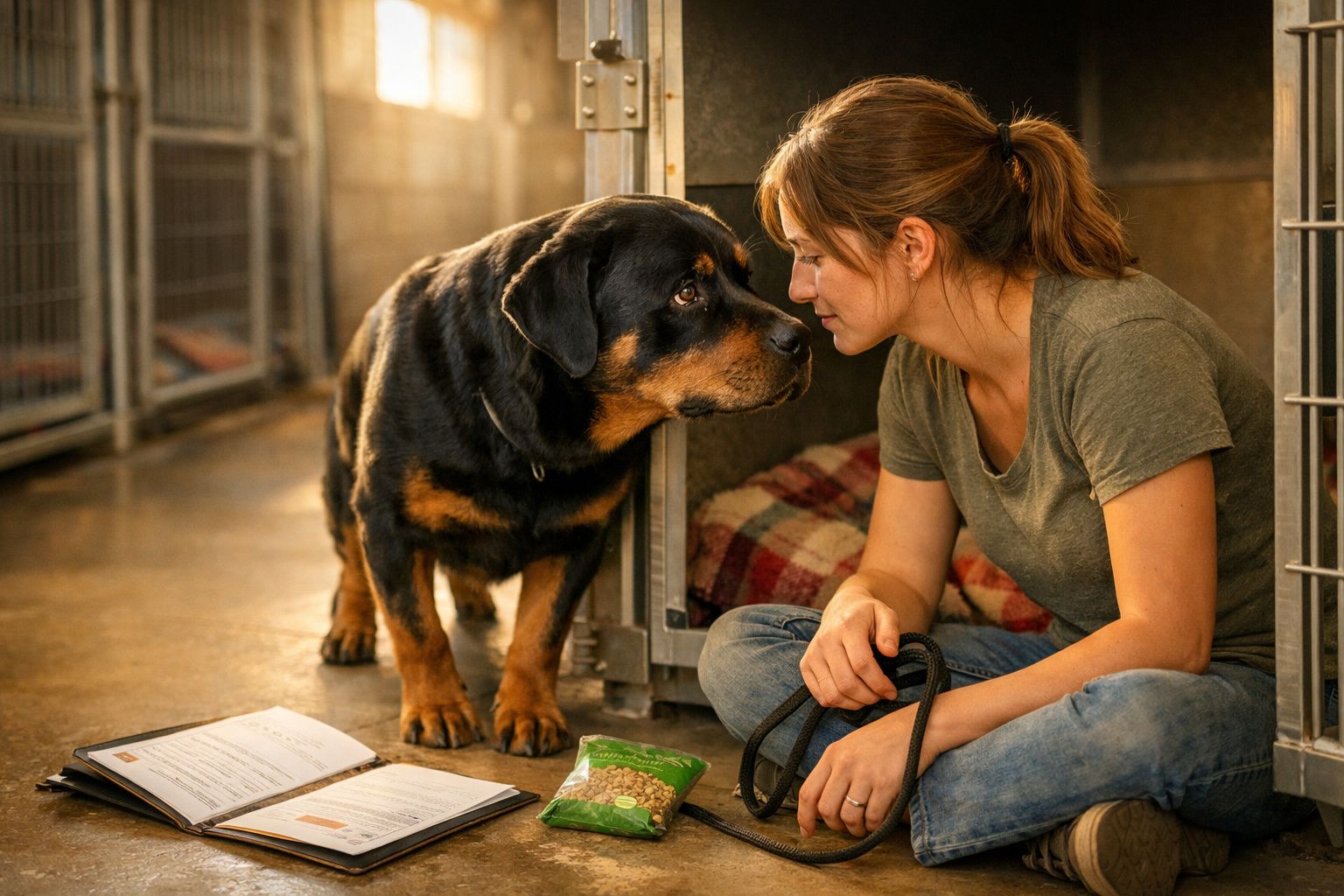 Mulher sentada no chão a olhar nos olhos de um cão Rottweiler num abrigo de animais.