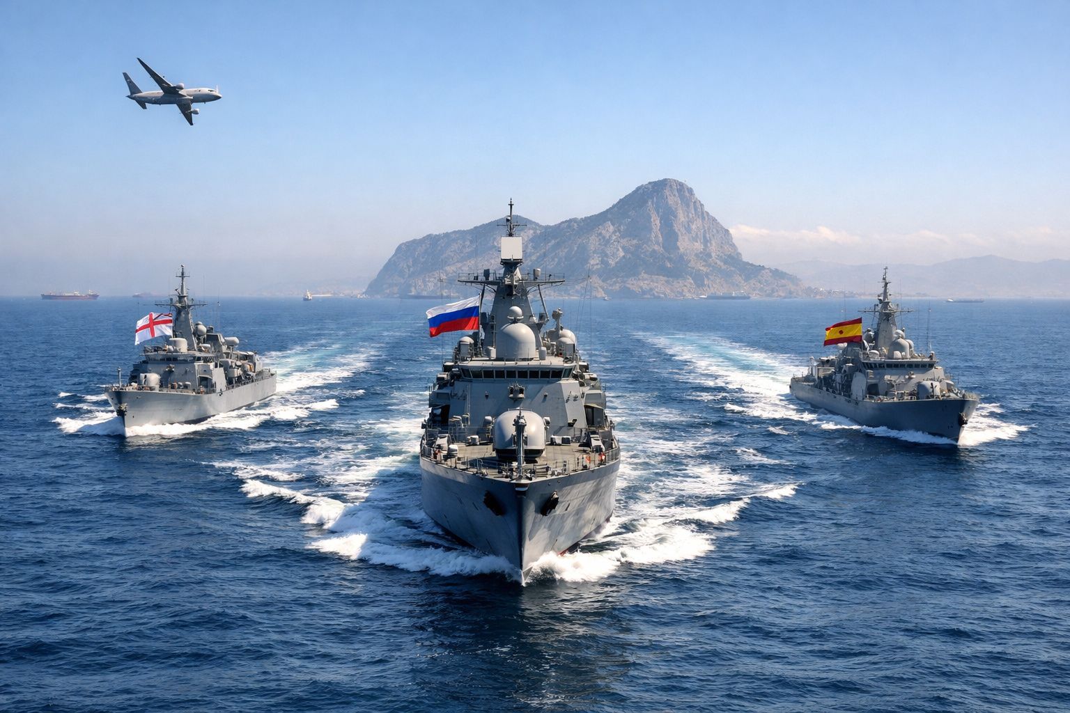 Três navios militares com bandeiras do Reino Unido, Rússia e Espanha navegam juntos sob um avião.
