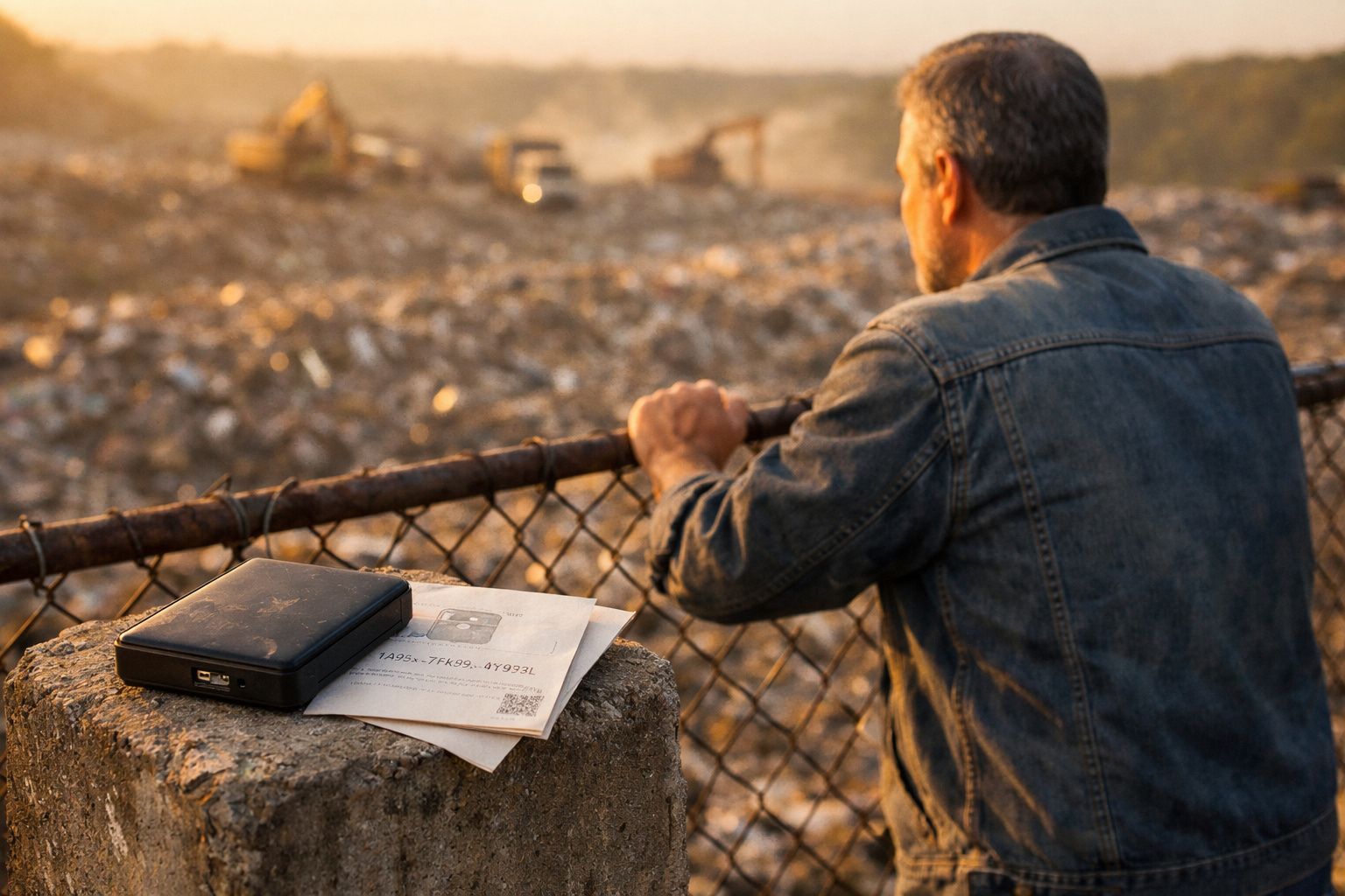 Homem de casaco de ganga observa área de construção com documentos e disco rígido sobre um pilar de pedra.