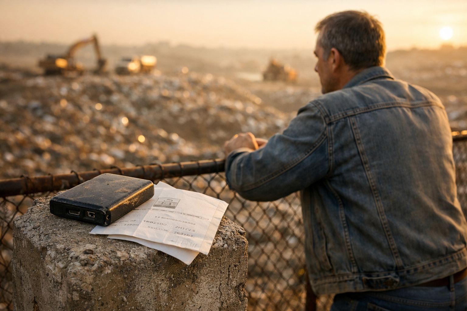 Homem de casaco de ganga observa área de demolição com papel e dispositivos eletrónicos em primeiro plano.