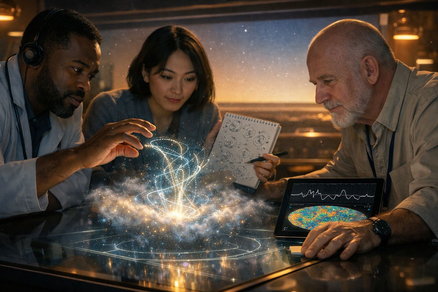 Três cientistas analisam holograma brilhante de galáxia enquanto discutem dados num tablet e caderno.
