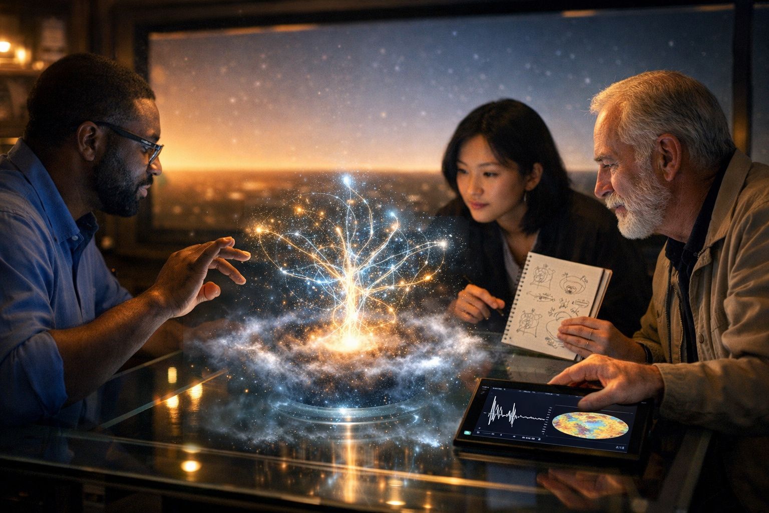 Três cientistas analisam uma árvore luminosa holográfica emerge de uma mesa digital com gráficos e desenhos.