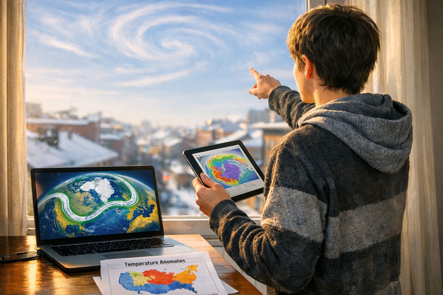 Pessoa jovem com tablet a apontar para o céu, com computador e gráficos de clima numa mesa junto à janela.