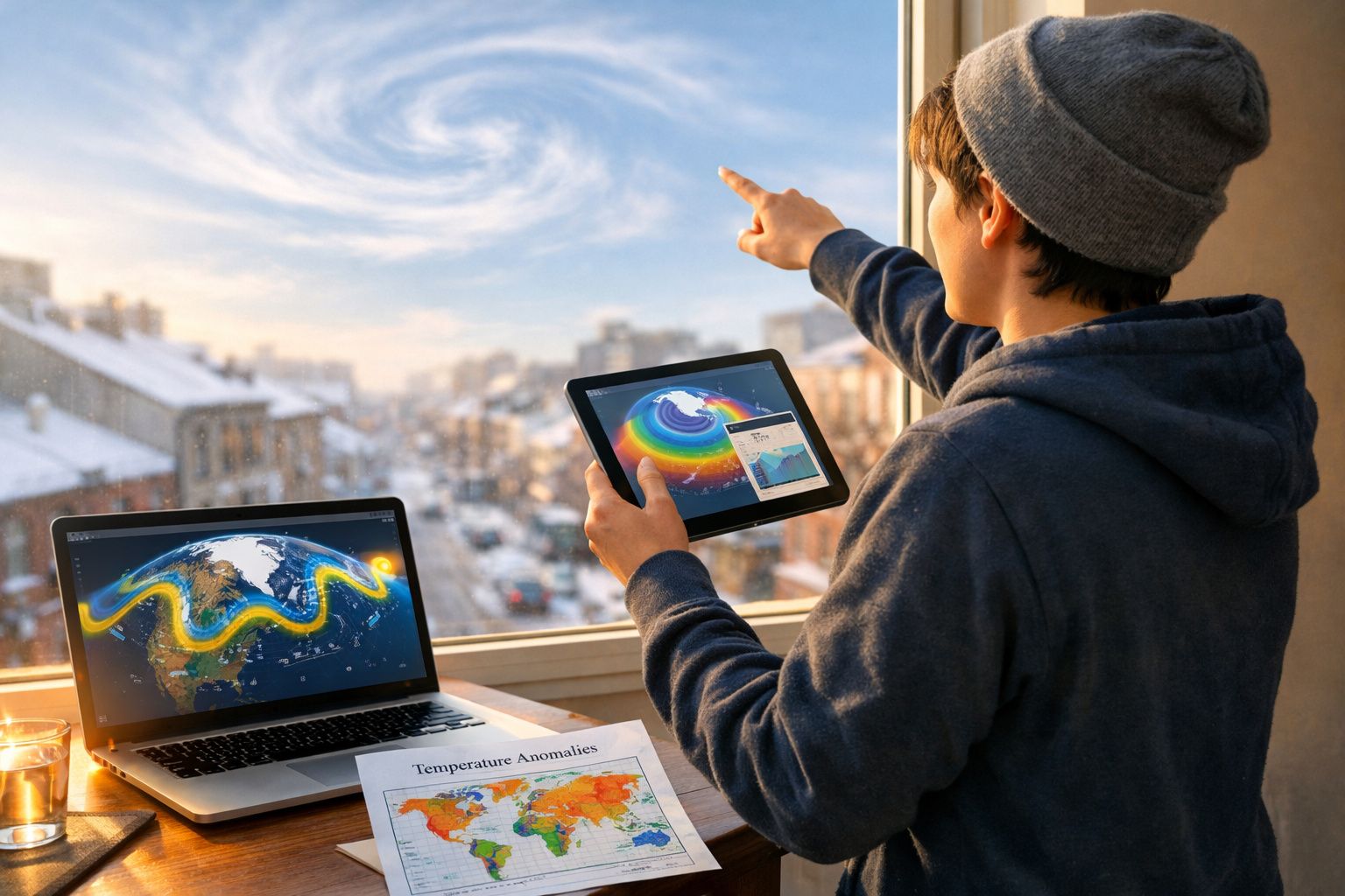 Jovem aponta para céu com tablet e portátil mostrando gráficos de anomalias de temperatura e clima.