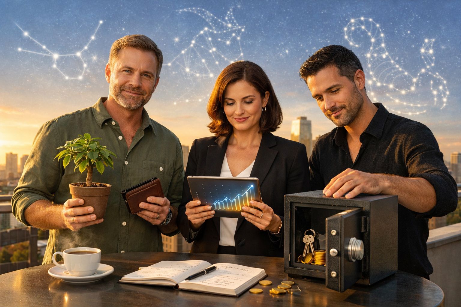 Três pessoas analisam finanças ao pôr do sol, com cofres, planta, tablet e gráficos digitais visíveis.