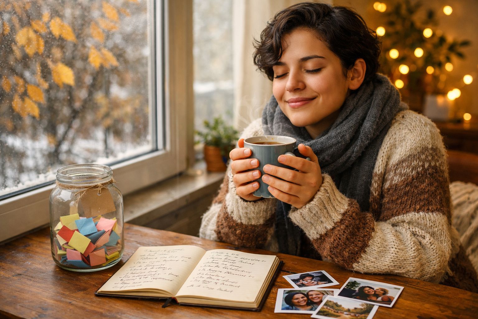 Mulher com camisola grossa a beber chá junto à janela num dia de outono, com caderno e fotografias na mesa.
