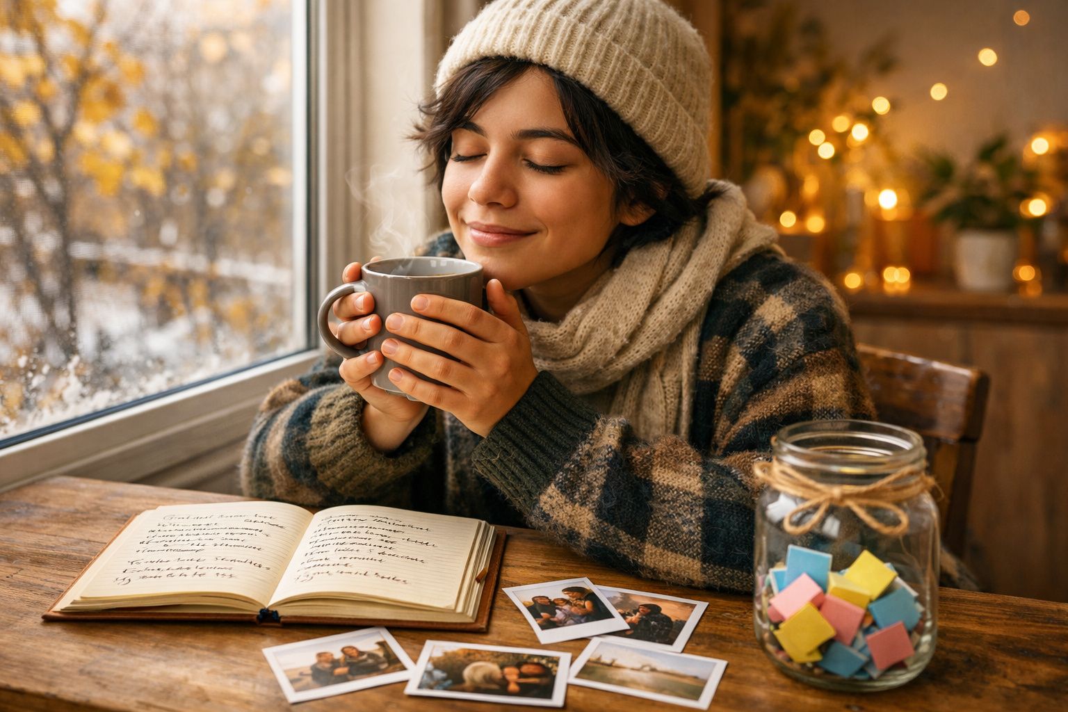 Mulher relaxa junto à janela com chá quente, vestida para o frio, lendo um caderno e rodeada de fotografias e post-its.