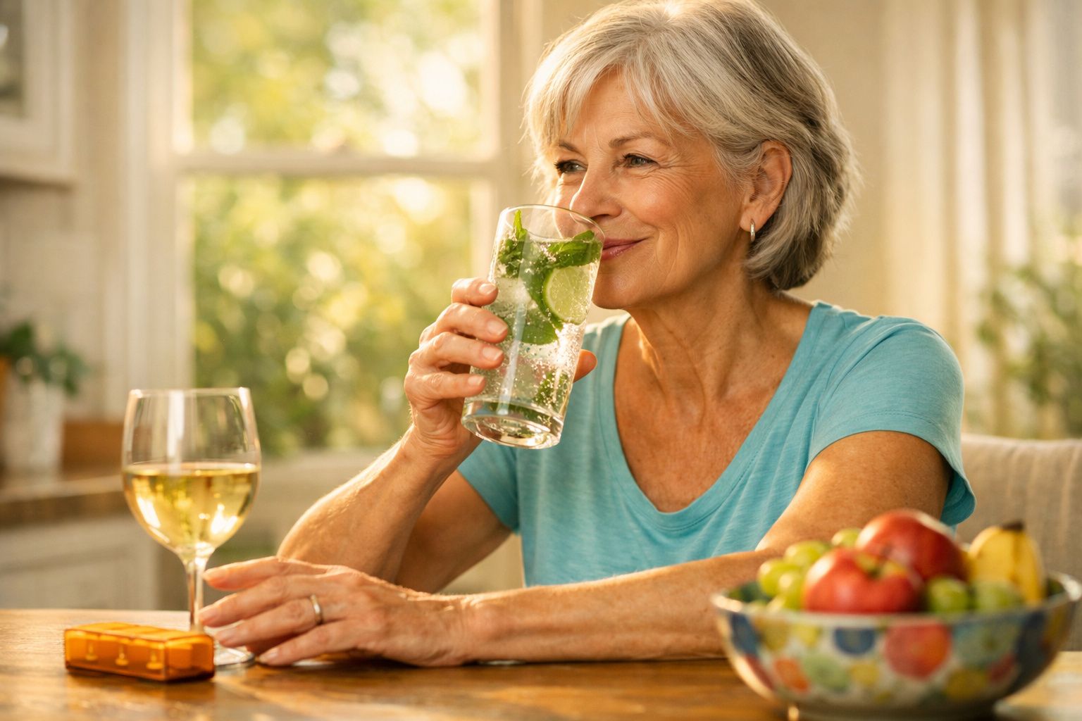 Mulher idosa sentada numa mesa com fruta saboreia bebida com limão e hortelã num ambiente iluminado pela manhã.