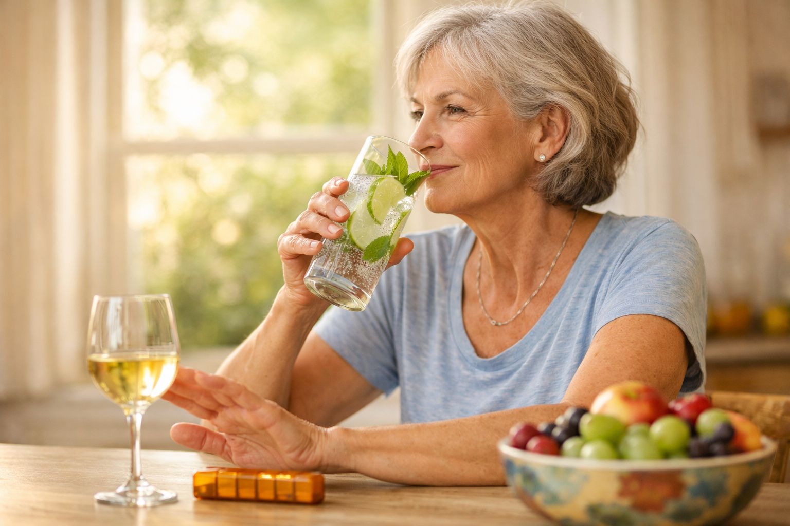 Mulher sénior a beber água com limão e hortelã, recusando um copo de vinho numa mesa com fruta e medicamentos.