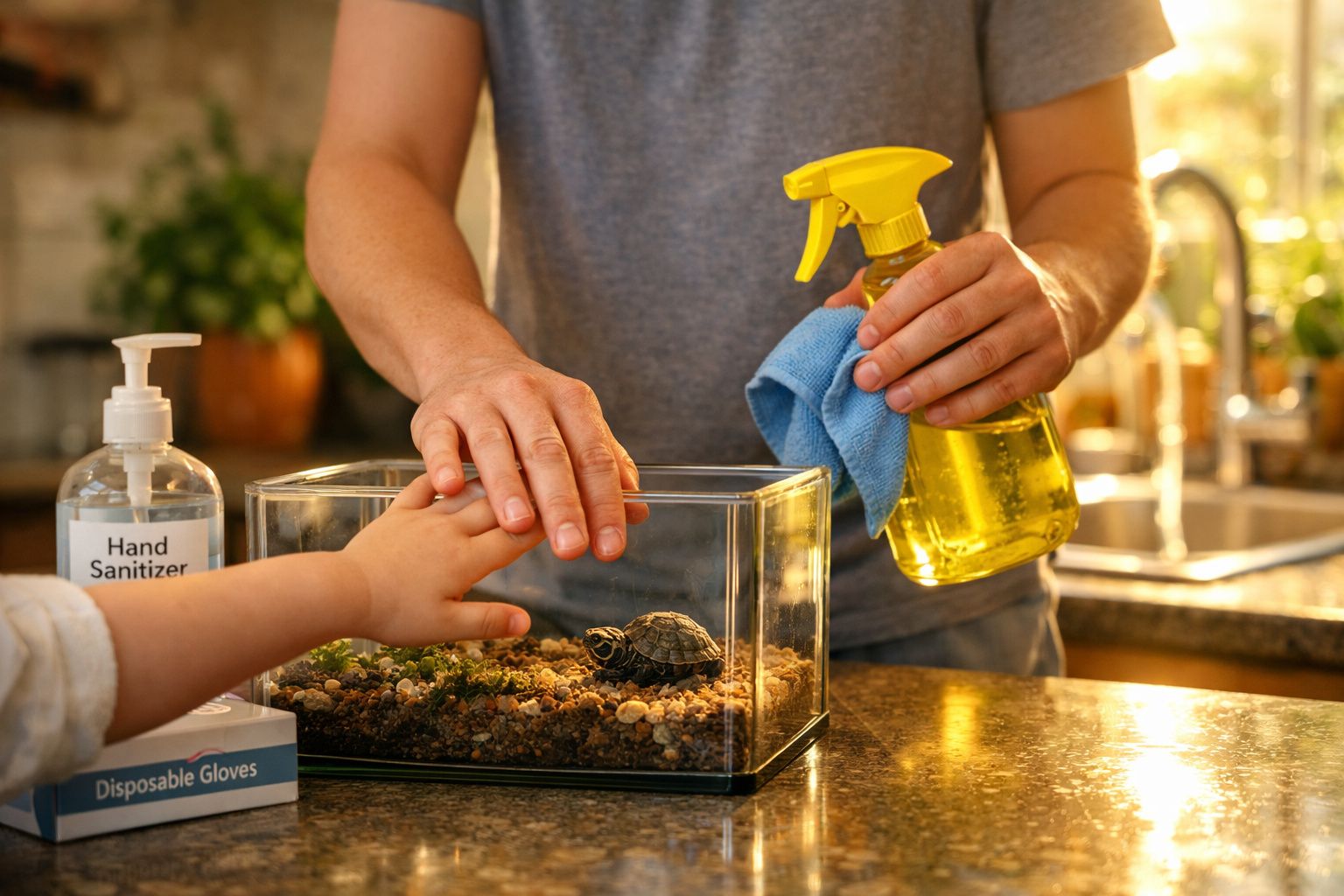 Pessoa a limpar um aquário pequeno com uma tartaruga dentro, usando spray de limpeza e pano azul.