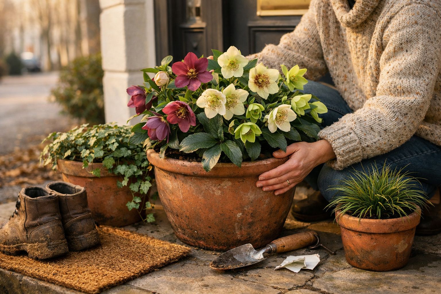 Pessoa a cuidar de vasos de barro com flores coloridas na entrada de uma casa, com botas e utensílios de jardinagem.