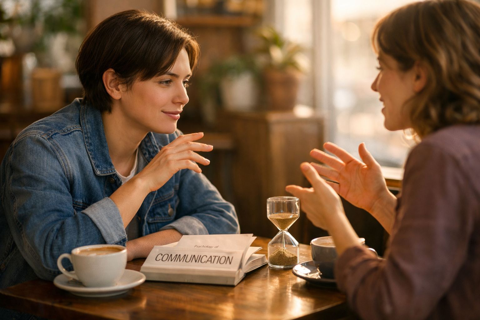 Duas mulheres conversam numa mesa de café com livro, ampulheta e chávenas de café à frente.