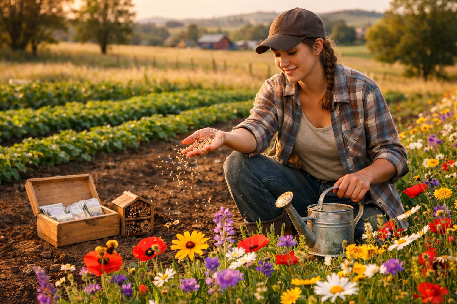 Mulher a semear flores num campo florido ao entardecer, com regador e caixa de sementes ao lado.