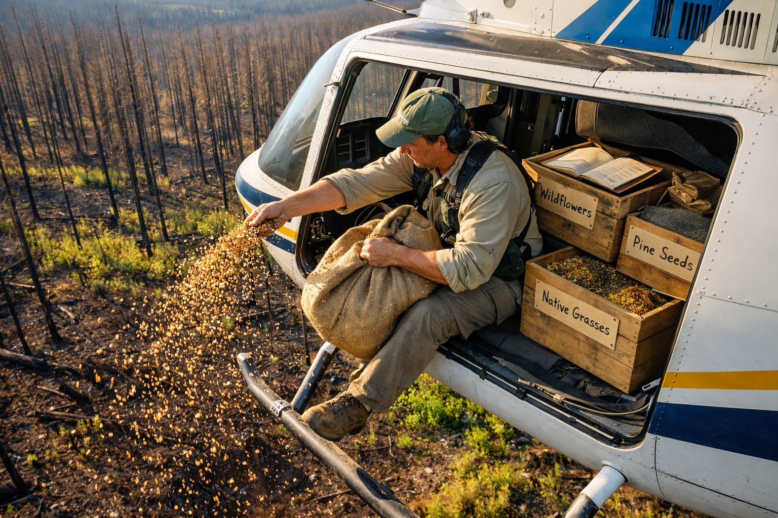 Homem lança sementes de avião sobre área de floresta queimada para recuperação ambiental.