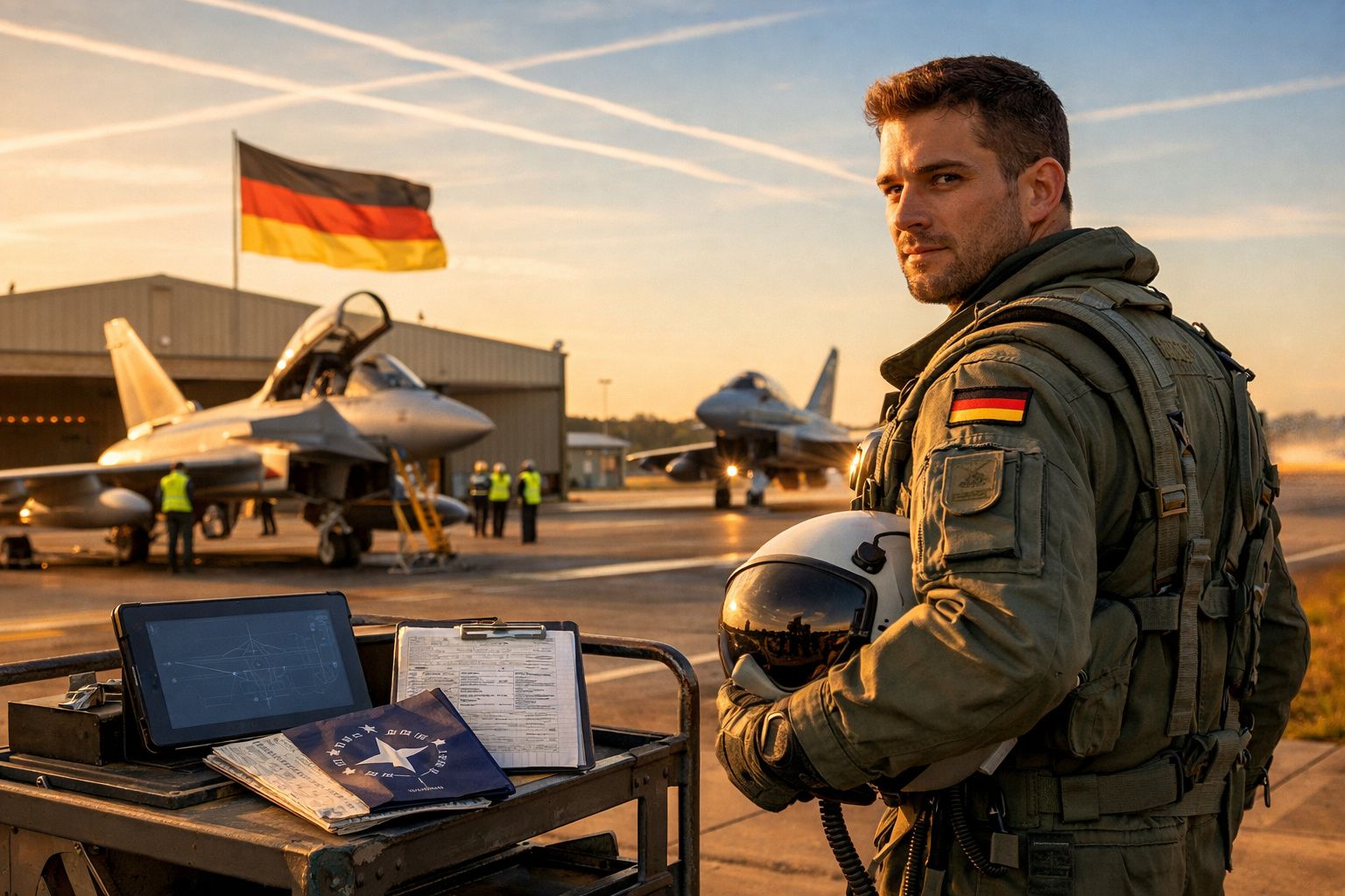 Piloto militar alemão em uniforme pesado segura capacete na base aérea com dois jatos e bandeira da Alemanha ao fundo.