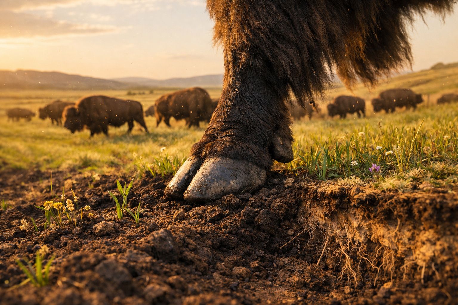 Pé de bisão na terra com mais bisões a pastar ao fundo numa pradaria ao pôr do sol.