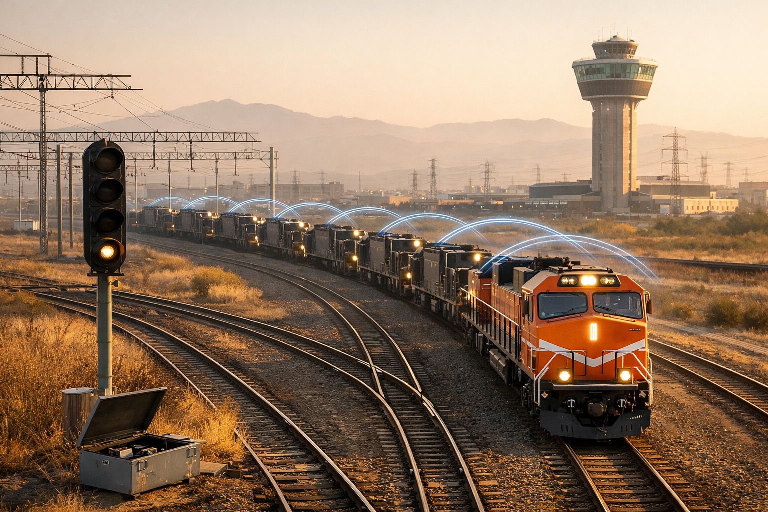 Comboio de mercadorias laranja a percorrer vias ferroviárias com torre de controlo ao fundo ao pôr do sol.