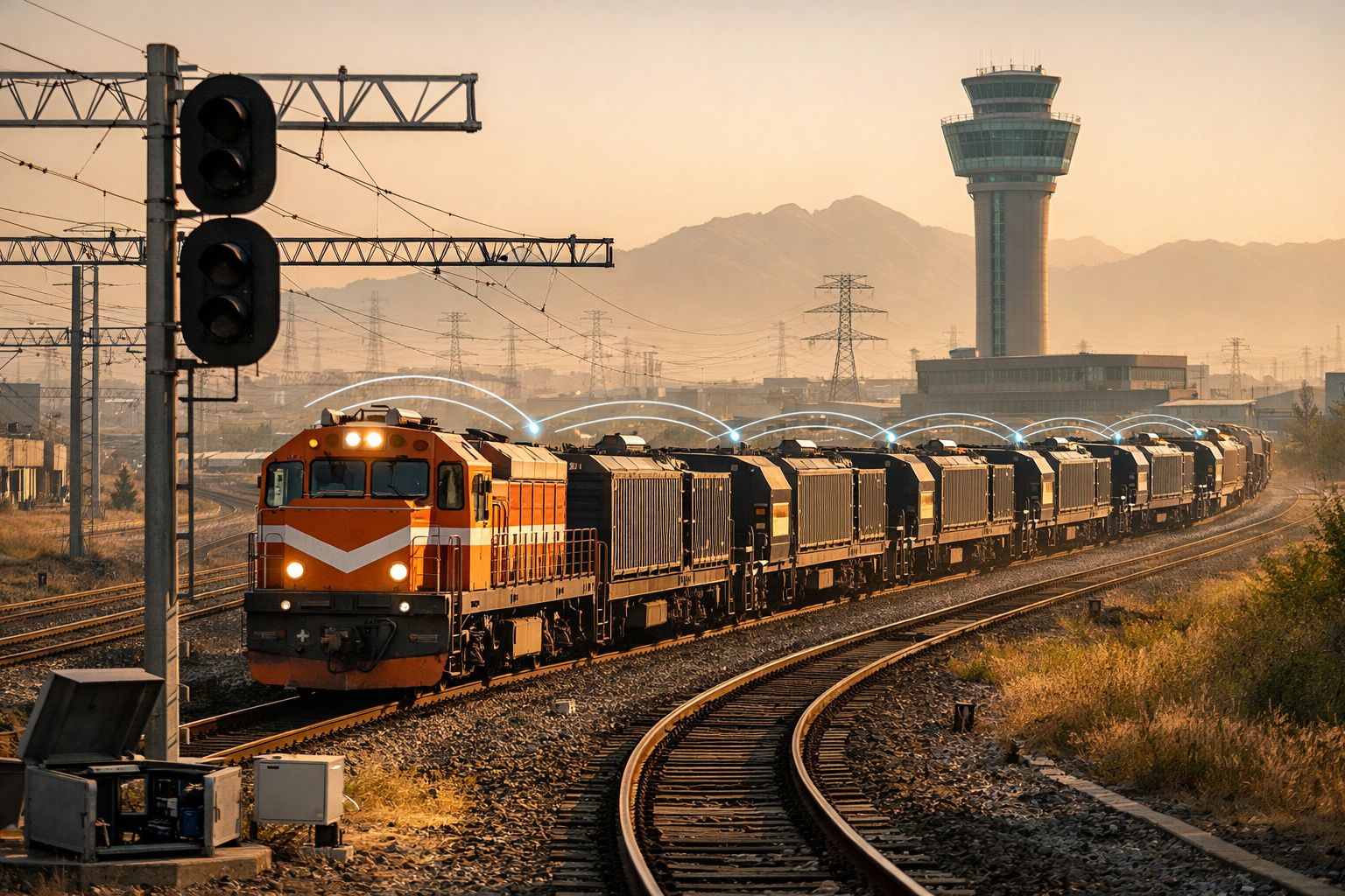 Comboio de carga laranja a passar por uma curva em via férrea perto de torre de controlo e sinal ferroviário.