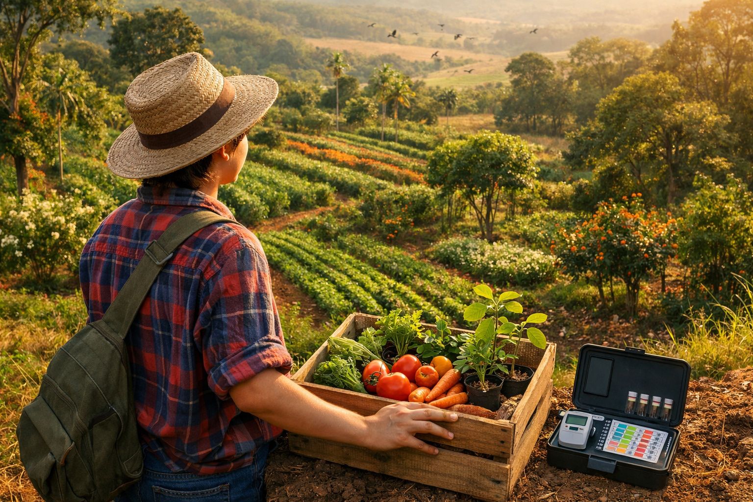 Agricultor de chapéu e camisa xadrez sostiene caixa com legumes frescos numa horta ao pôr do sol.