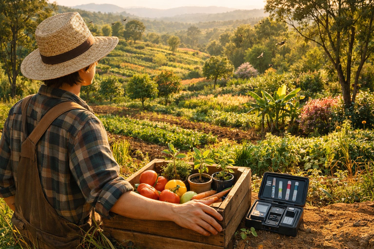 Agricultor de chapéu observa campo com caixa de frutos e plantas, e kit de análise do solo ao lado.