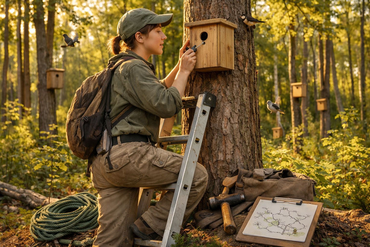 Mulher em floresta monta casa de pássaros numa árvore com ferramenta na mão ao entardecer.