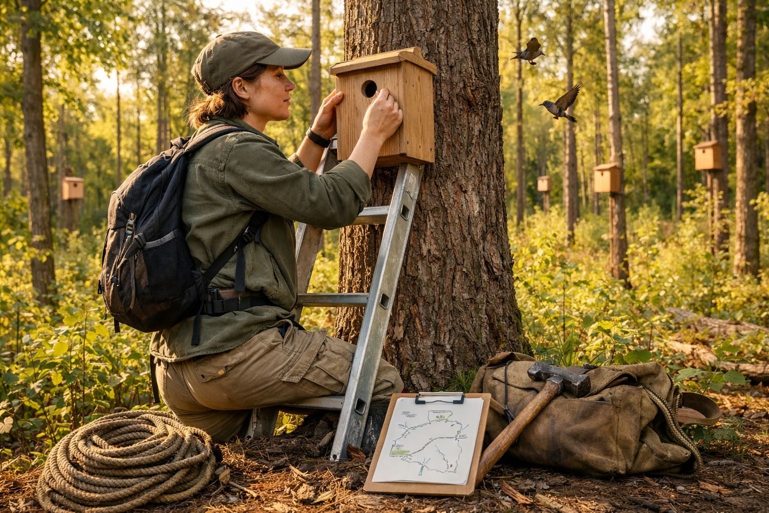 Mulher instala caixa-ninho em árvore num bosque, com equipamento de camping e pássaros a voar ao fundo.