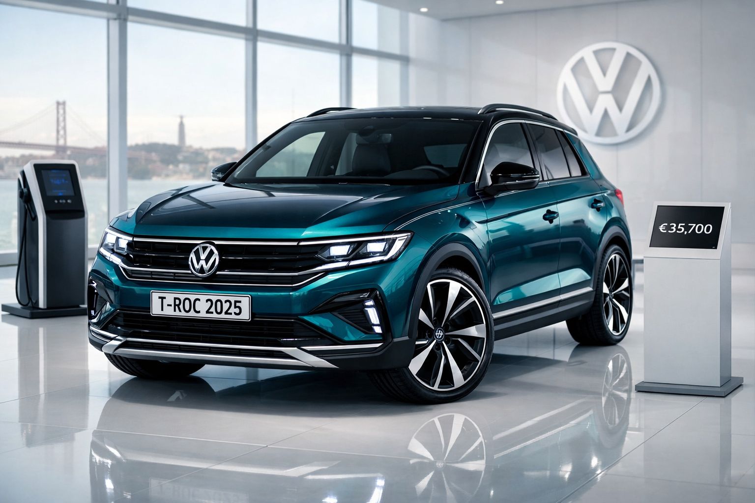 Volkswagen T-Roc 2025 verde num stand moderno, com preço de 35.700 euros visível no ecrã ao lado.